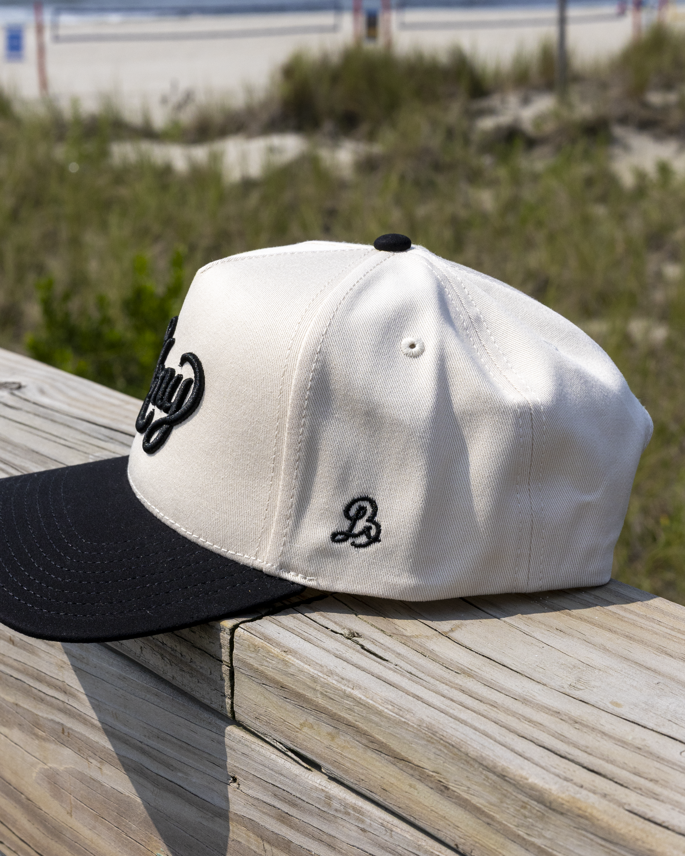 The Script Cap: Cream/Black Suede